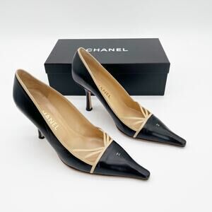 Chanel Vintage Black Leather Pumps Beige Crisscross Straps Micro CC Heels EU 40